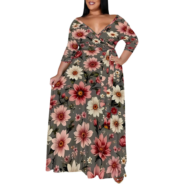 Plus Size Pink Floral Print Maxi Dress 3/4 Sleeve V Neck Belted A-Line Long Dress for Spring Vacation