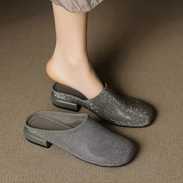 Baotou Slippers Summer New Round Toe Deep Mouth Sequin Soft Sole Non-slip Wear-resistant Fashion Square Heel Shoes
