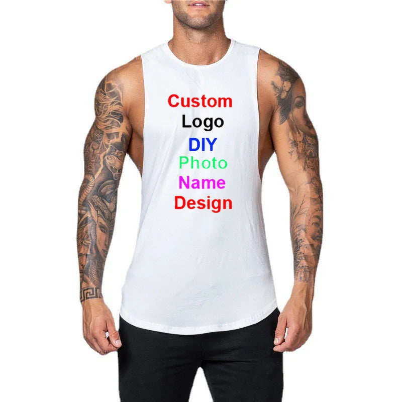 DIY Customized Logo Brand Gym Tank Top Men Cotton Muscle Sleeveless Shirt Workout Clothing Bodybuilding Singlets Vest Sportswear