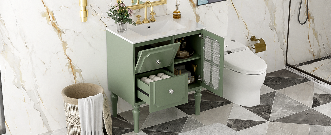 Retro Style 30'' Bathroom Vanity with Ceramic Sink Combo, Freestanding