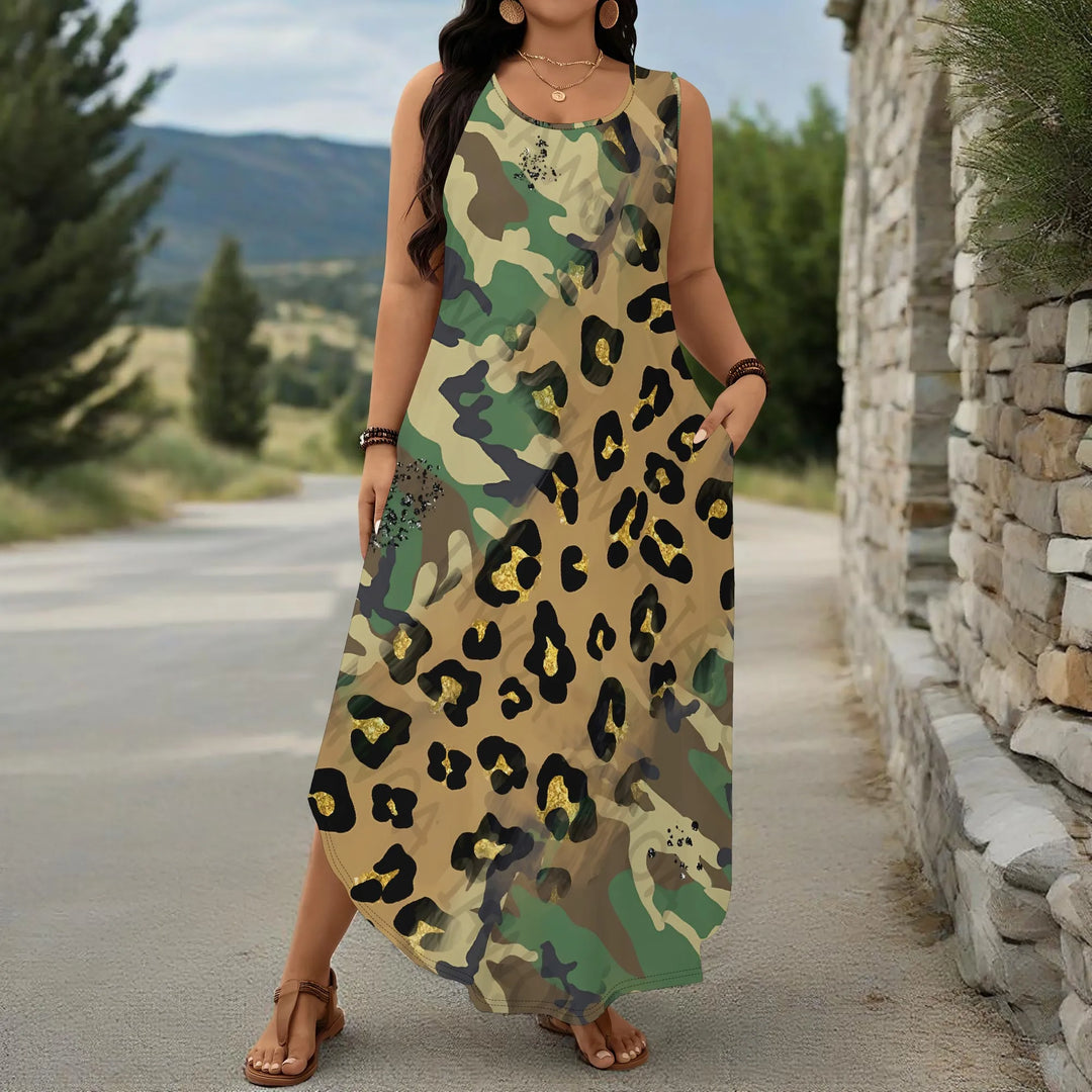 Plus Size Sleeveless Maxi Dress Camouflage Leopard Print Casual Loose Fit Summer Beach Long Dress