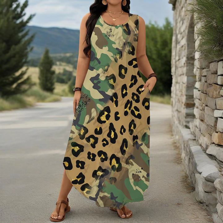 Plus Size Sleeveless Maxi Dress Camouflage Leopard Print Casual Loose Fit Summer Beach Long Dress