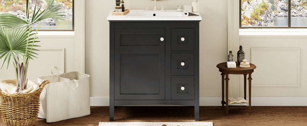 30 Inch Bathroom Vanity with Ceramic Sink, Black Bathroom with 3
