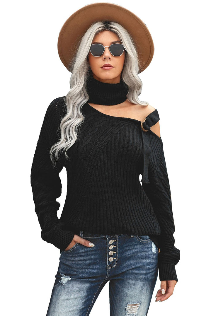 Strapped Cut out Shoulder Turtleneck Sweater