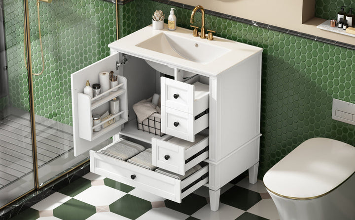 30 Inch Bathroom Vanity with Ceramic Sink, White Bathroom with 3