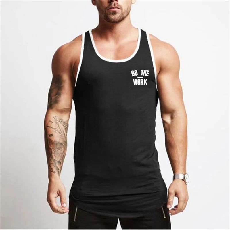 Men White Muscle Tank Tops Print Workout Vest Fitness Sleeveless T-shirt Bodybuilding Sports T-shirt Men Training Gym Clothing