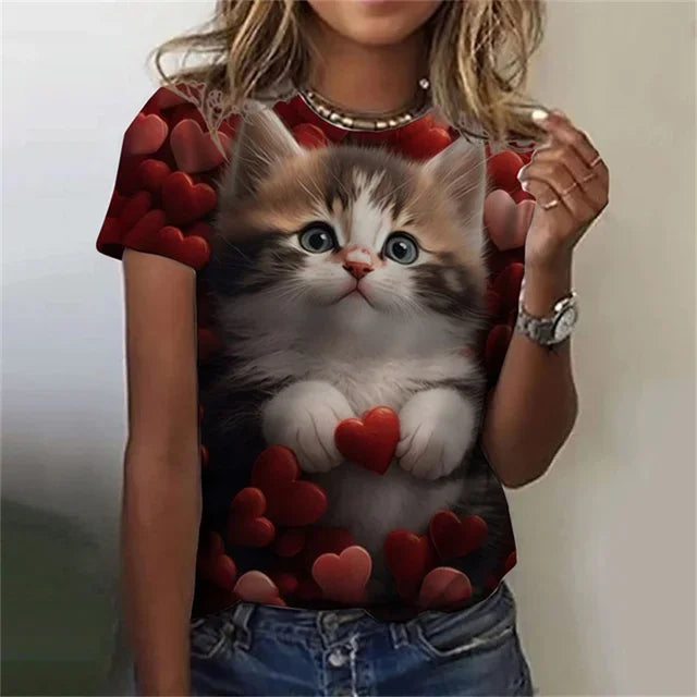 Fashion Women's T-shirt 3D Printed Kawaii Cat Pattern Short Sleeved Round neck Top Summer Outdoor Casual Street Simple Clothing