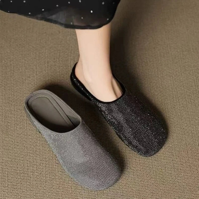 Baotou Slippers Summer New Round Toe Deep Mouth Sequin Soft Sole Non-slip Wear-resistant Fashion Square Heel Shoes