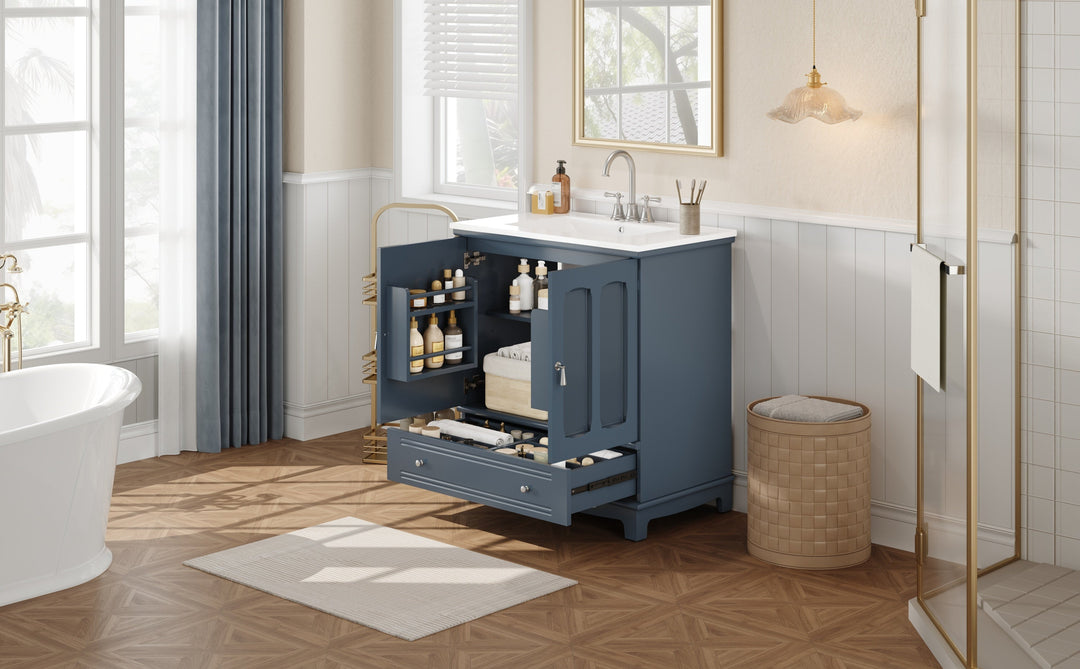 30' Bathroom Vanity with Ceramic Sink, Solid Wood Frame Bathroom Sink