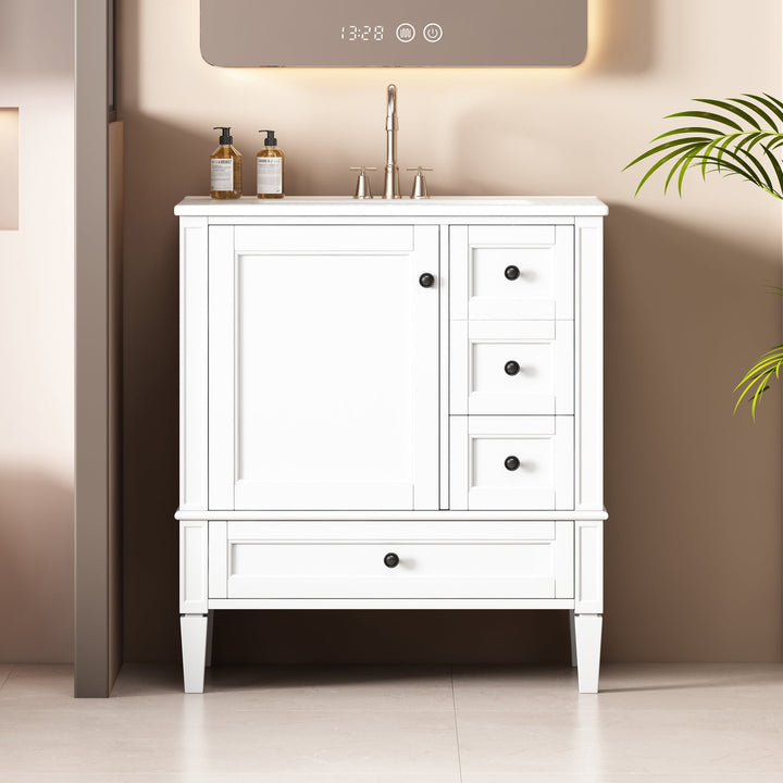 30 Inch Bathroom Vanity with Ceramic Sink, White Bathroom with 3