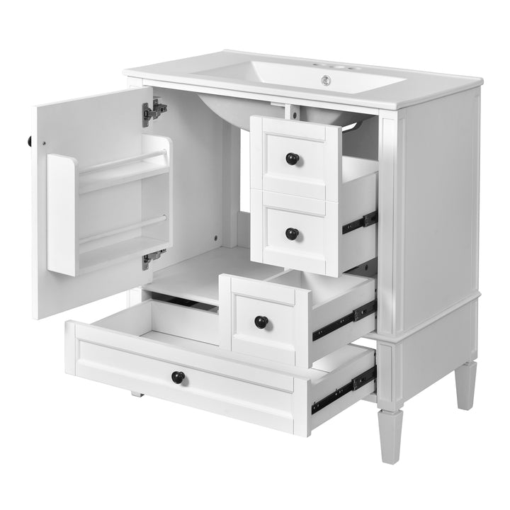 30 Inch Bathroom Vanity with Ceramic Sink, White Bathroom with 3