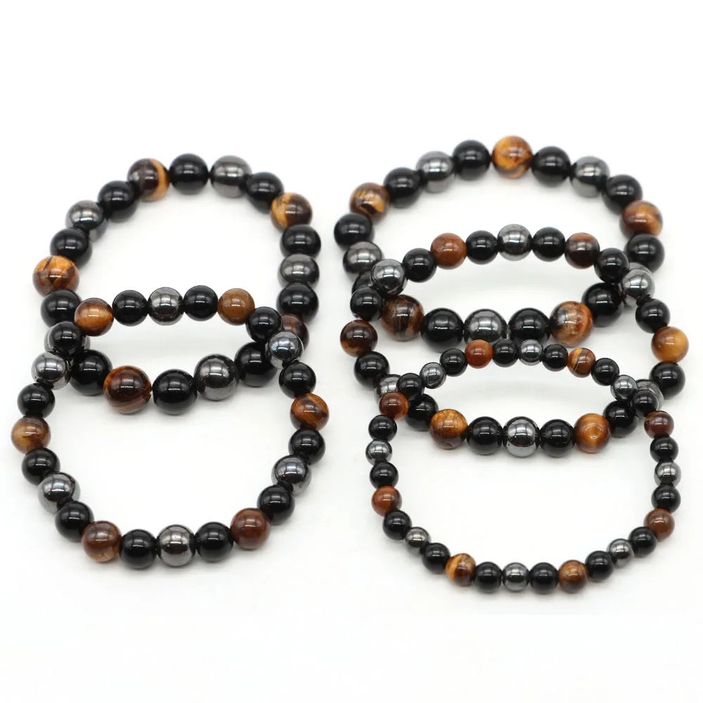 Triple Protection Bracelet Natural Hematite Obsidian Tiger Eye Stone Beads Bracelets Magnetic Health Weight Loss Women Jewelry