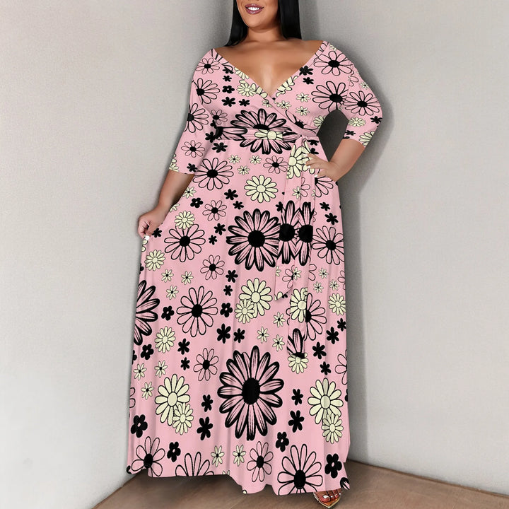 Plus Size Pink Floral Print Maxi Dress 3/4 Sleeve V Neck Belted A-Line Long Dress for Spring Vacation