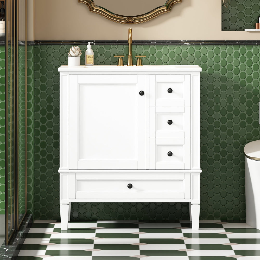 30 Inch Bathroom Vanity with Ceramic Sink, White Bathroom with 3