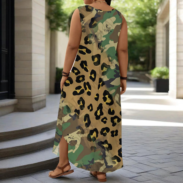 Plus Size Sleeveless Maxi Dress Camouflage Leopard Print Casual Loose Fit Summer Beach Long Dress