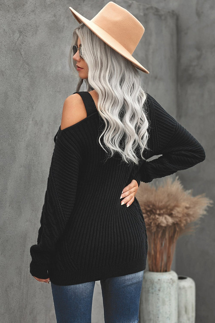 Strapped Cut out Shoulder Turtleneck Sweater