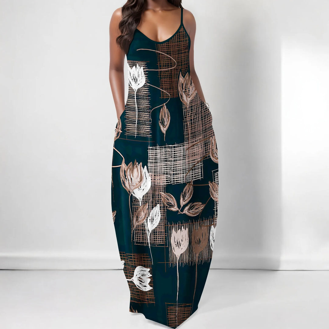 Elegant Floral Abstract Print Maxi Dress for Women Spaghetti Strap Summer Look