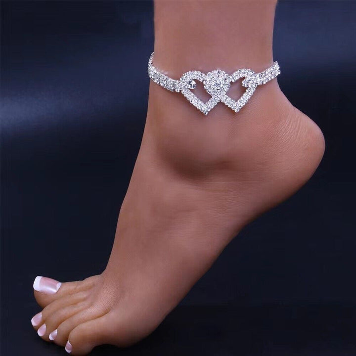 Double Heart Anklet Bracelet Love Barefoot Chain Bling Crystal Ankle