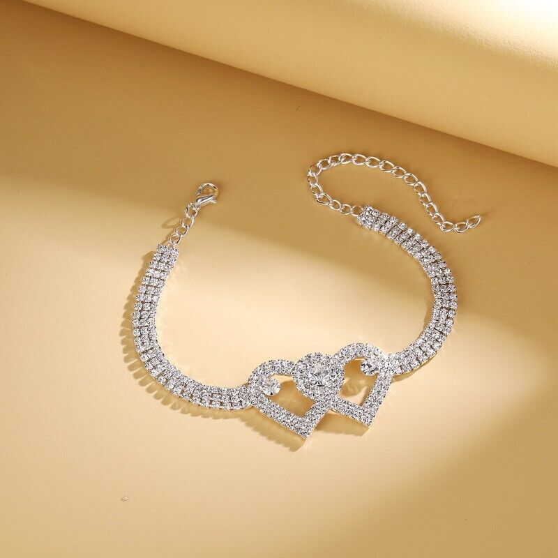 Double Heart Anklet Bracelet Love Barefoot Chain Bling Crystal Ankle