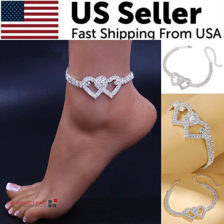 Double Heart Anklet Bracelet Love Barefoot Chain Bling Crystal Ankle