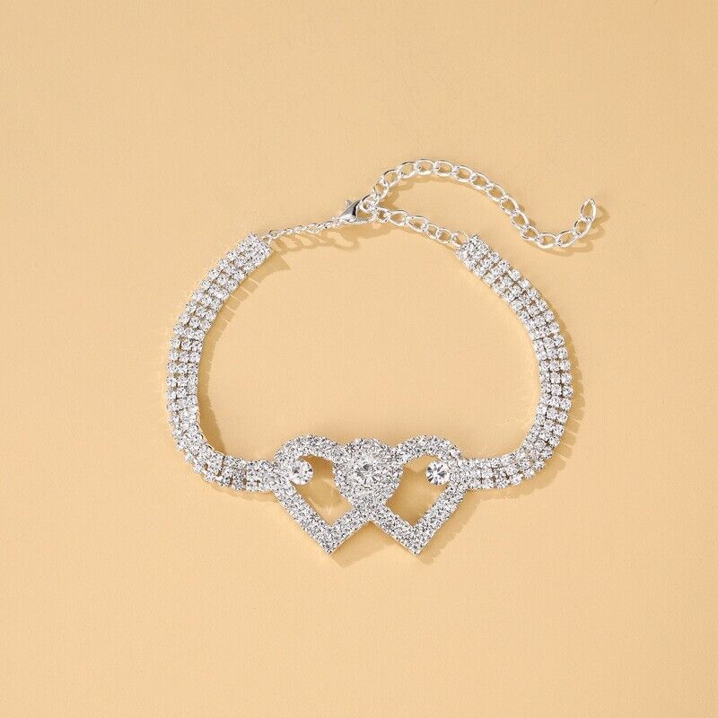 Double Heart Anklet Bracelet Love Barefoot Chain Bling Crystal Ankle