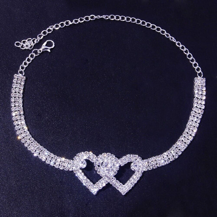 Double Heart Anklet Bracelet Love Barefoot Chain Bling Crystal Ankle