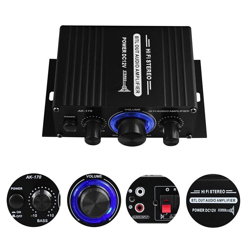 400W 12V 2 Channel Powerful Stereo Audio Power Amplifier HiFi Bass Amp