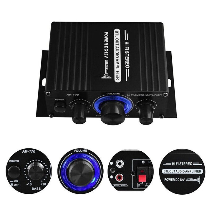 400W 12V 2 Channel Powerful Stereo Audio Power Amplifier HiFi Bass Amp