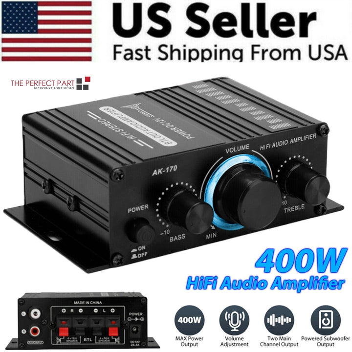 400W 12V 2 Channel Powerful Stereo Audio Power Amplifier HiFi Bass Amp