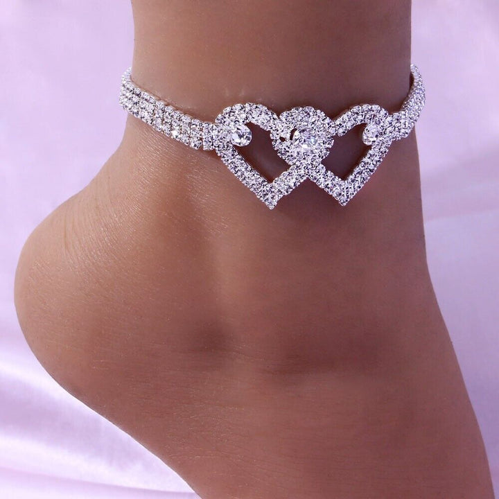 Double Heart Anklet Bracelet Love Barefoot Chain Bling Crystal Ankle