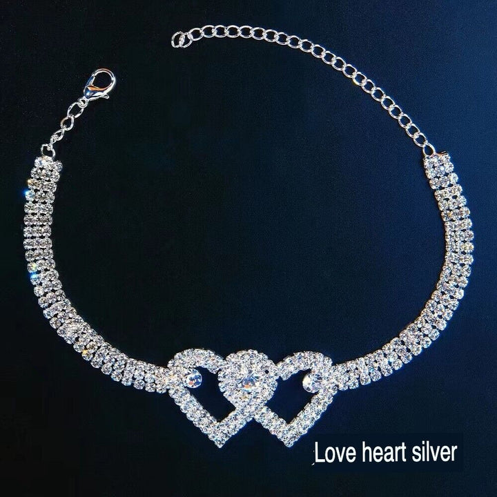 Double Heart Anklet Bracelet Love Barefoot Chain Bling Crystal Ankle