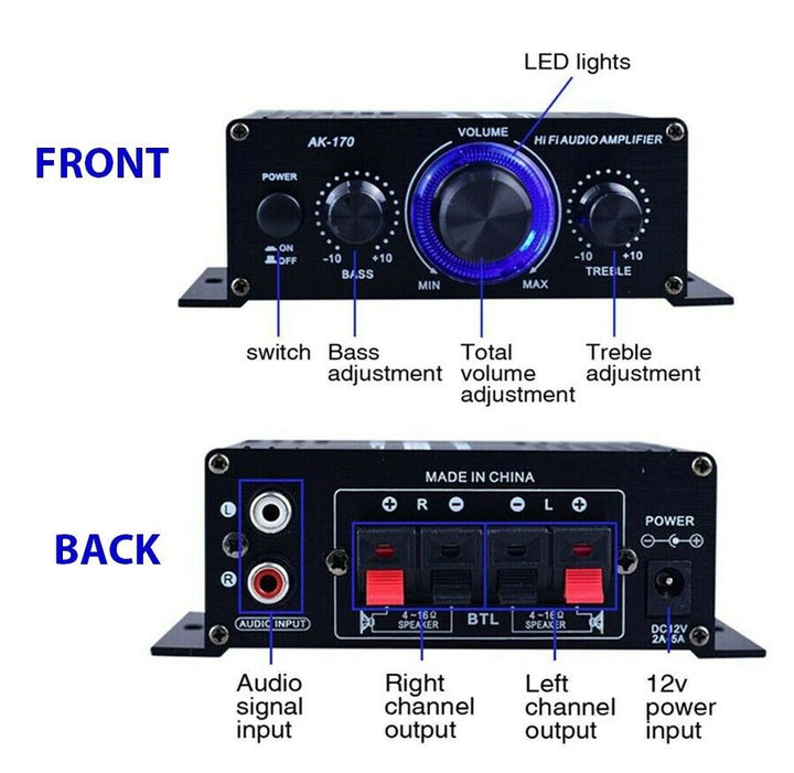 400W 12V 2 Channel Powerful Stereo Audio Power Amplifier HiFi Bass Amp