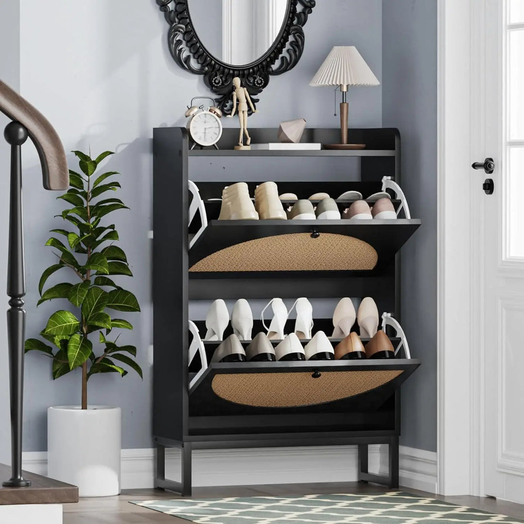 Shoe Cabinet with 2 Handmade Natural Rattan Flip Drawers, Entryway Shoe Rack Storage Organizer , Free Standing Shoe Racks