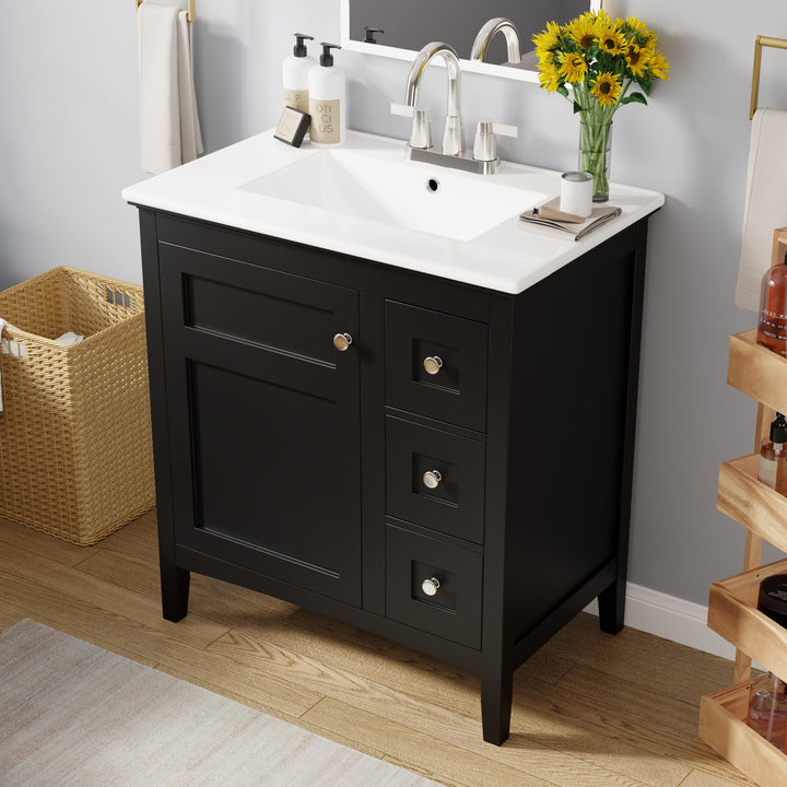 30 Inch Bathroom Vanity with Ceramic Sink, Black Bathroom with 3