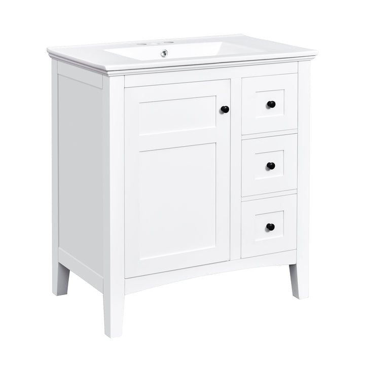 30 Inch Bathroom Vanity with Ceramic Sink, White Bathroom with 3