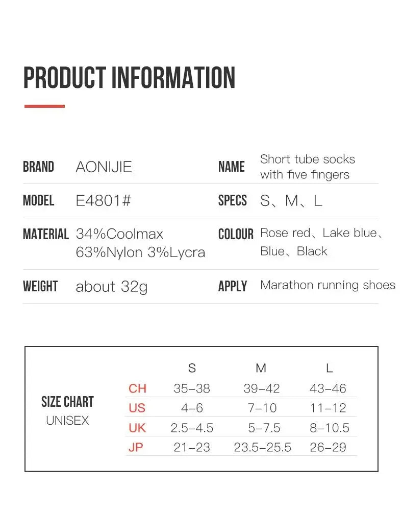 AONIJIE Sports Run Low Cut Athletic Five Toe Socks Quarter Toesocks For Running Marathon Race Trail