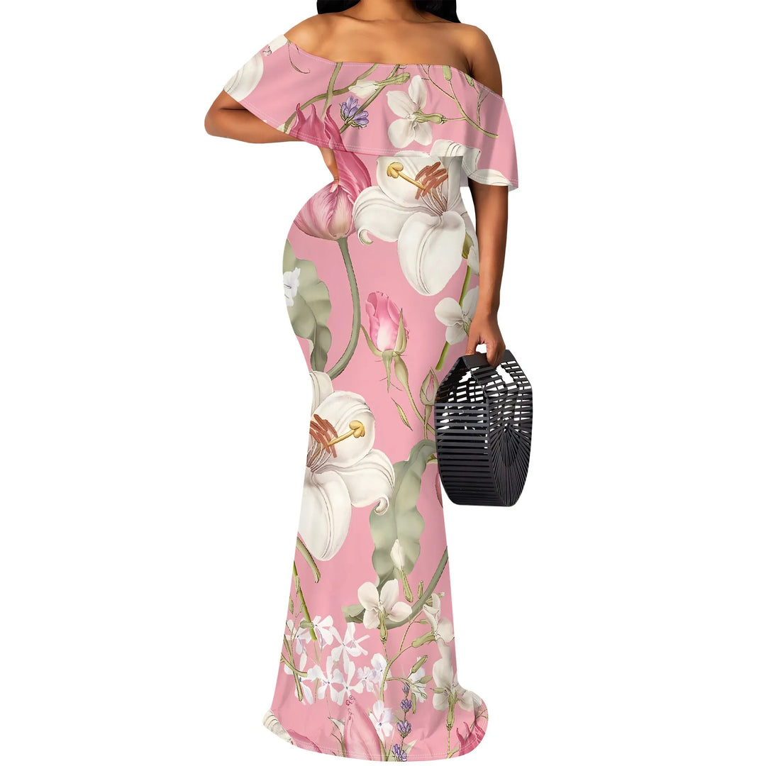 Pink Floral Print Off Shoulder Ruffle Maxi Dress Women Slim Fit Elegant Summer Party Dress