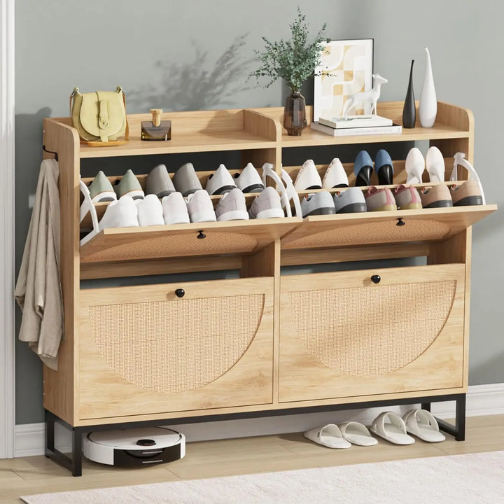 Shoe Cabinet with 2 Handmade Natural Rattan Flip Drawers, Entryway Shoe Rack Storage Organizer , Free Standing Shoe Racks