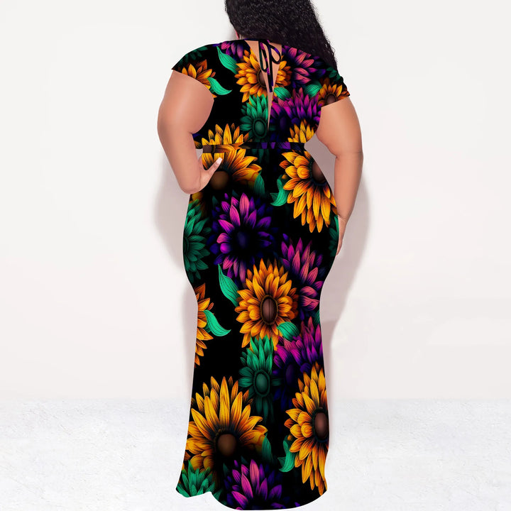 Plus Size Floral Print Maxi Dress V Neck Summer Casual Elegant Long Dress for Women