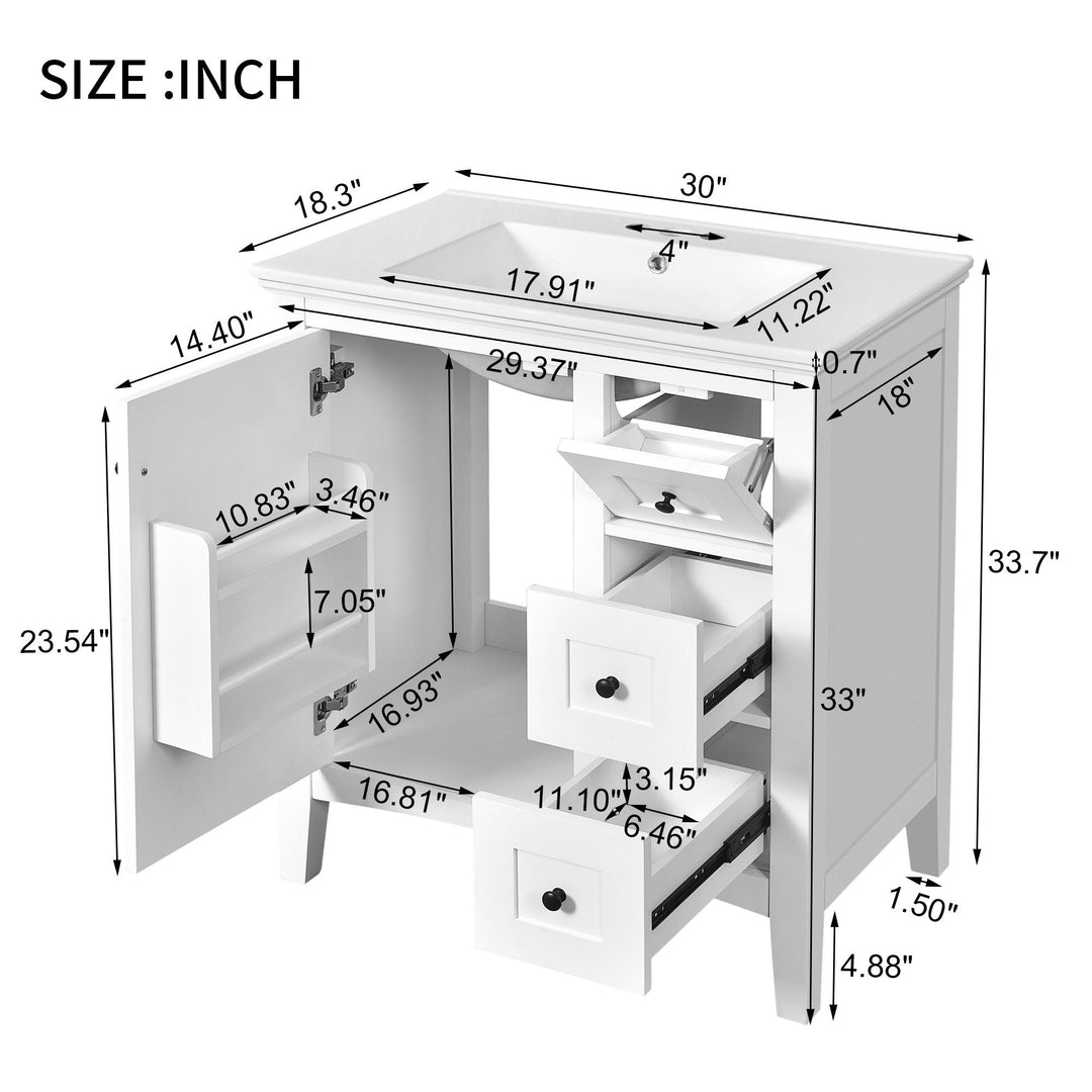 30 Inch Bathroom Vanity with Ceramic Sink, White Bathroom with 3