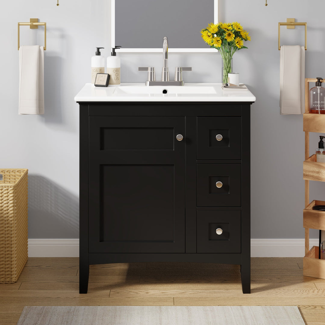 30 Inch Bathroom Vanity with Ceramic Sink, Black Bathroom with 3