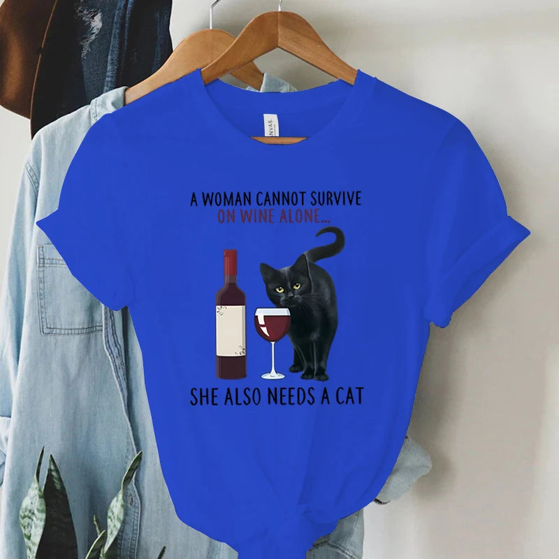 Trend Women Fashion Clothing Cat&wine Graphic T-shirts Clothes Black Cat Print Female Shirt Short Sleeve Lady Casual Tee Tops