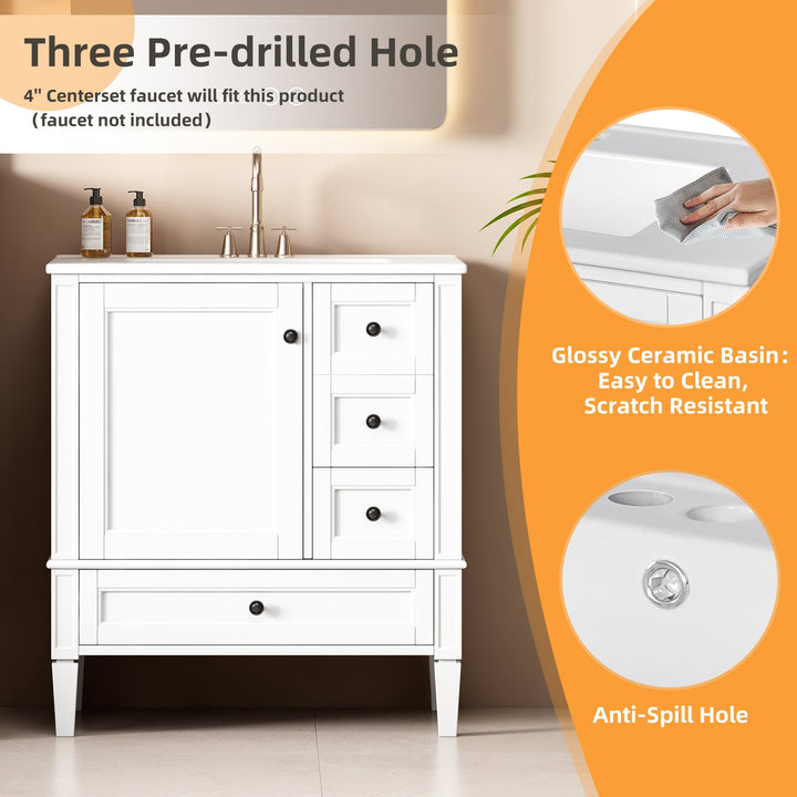 30 Inch Bathroom Vanity with Ceramic Sink, White Bathroom with 3
