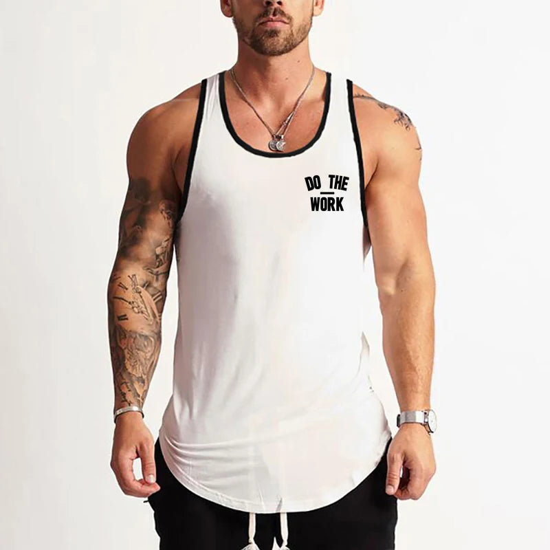 Men White Muscle Tank Tops Print Workout Vest Fitness Sleeveless T-shirt Bodybuilding Sports T-shirt Men Training Gym Clothing