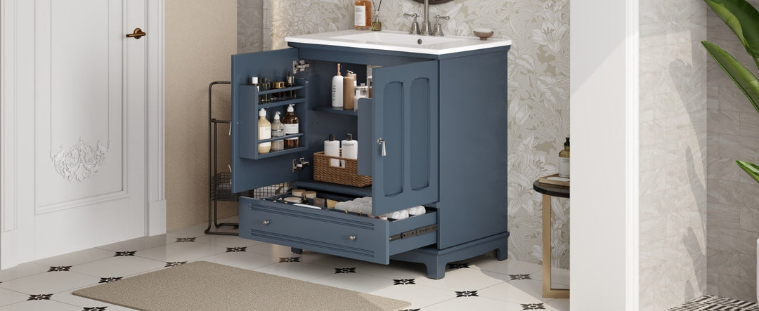 30' Bathroom Vanity with Ceramic Sink, Solid Wood Frame Bathroom Sink