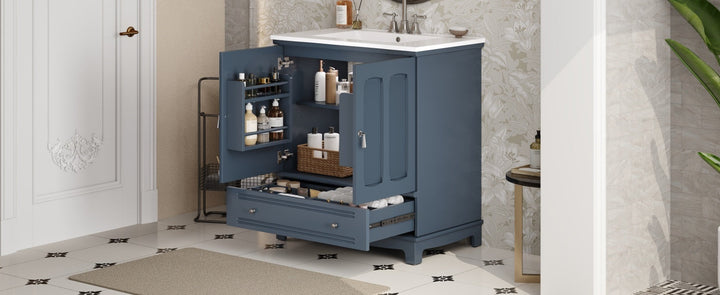 30' Bathroom Vanity with Ceramic Sink, Solid Wood Frame Bathroom Sink