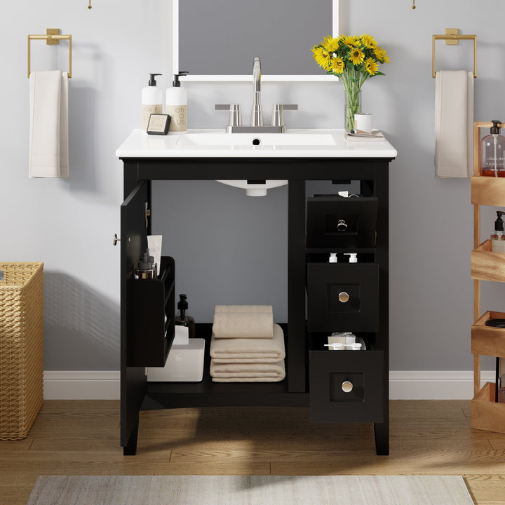 30 Inch Bathroom Vanity with Ceramic Sink, Black Bathroom with 3