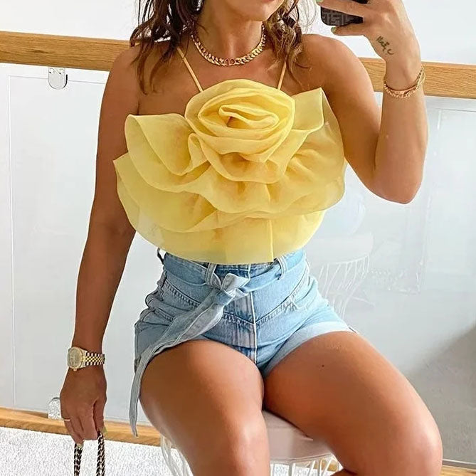 Big Flower Organza Kitted Yellow Crop Top Camis