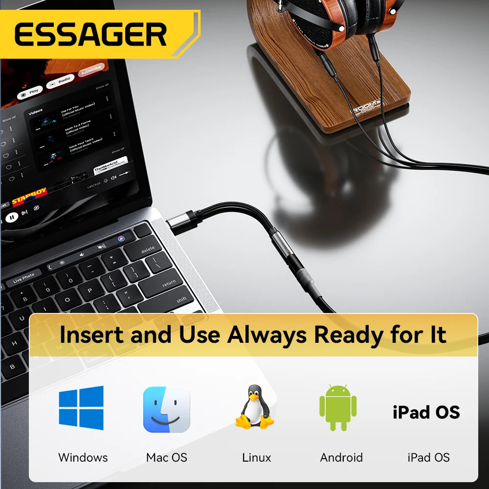 Essager Type C to 3.5mm Audio Adapter USB C Cable Headphones Adapter 3.5 Jack Audio cable For iphone 15 MacBook Samsung Oneplus