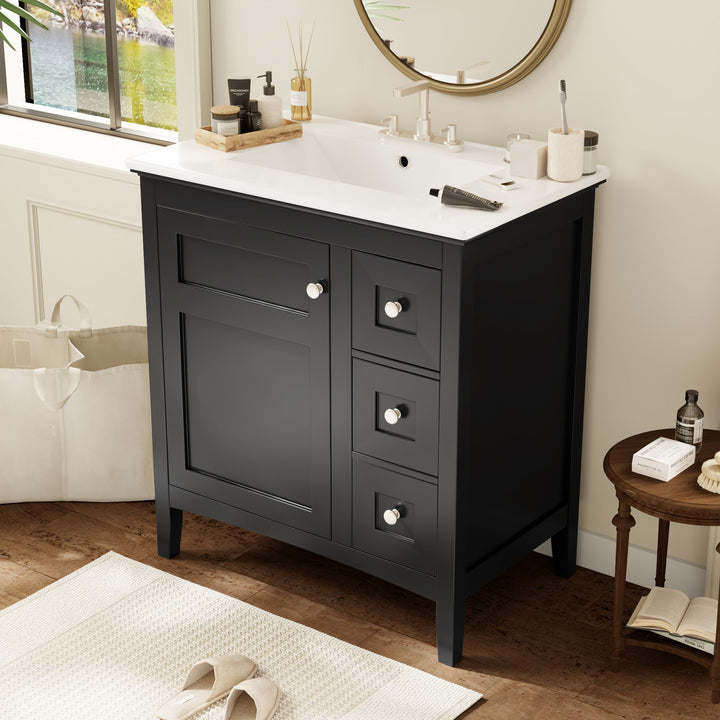 30 Inch Bathroom Vanity with Ceramic Sink, Black Bathroom with 3